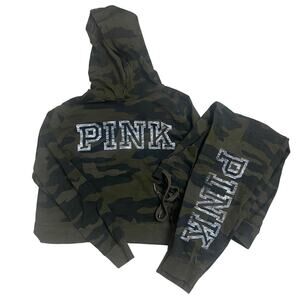 Victorias Secret Pink Camo Jogger & Hoodie Set Y2K Lightweight Hoodie Sz Small
